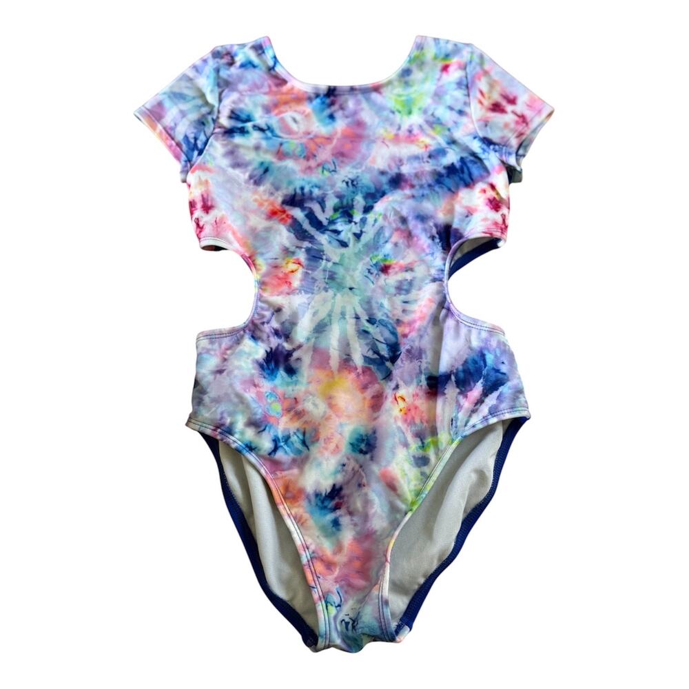 Girls L 10-12 Blue White Pink Tie Dye Short Sleeve Cut Out One Piece Swimsuit